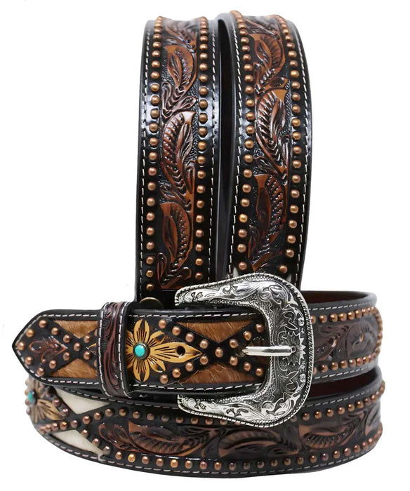 Men Women Western Tooled Leather Belt 26FKTooled