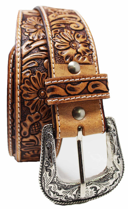 Men's 1-1/2" Wide Tan 100% Leather Floral Tooled Casual Jean Belt 26FK03