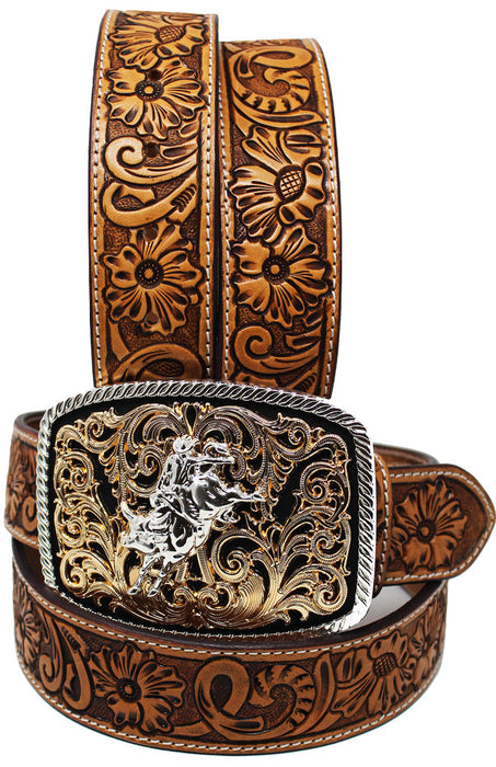 Men's 1-1/2" Wide Tan Leather Floral Tooled Casual Jean Belt 26FK