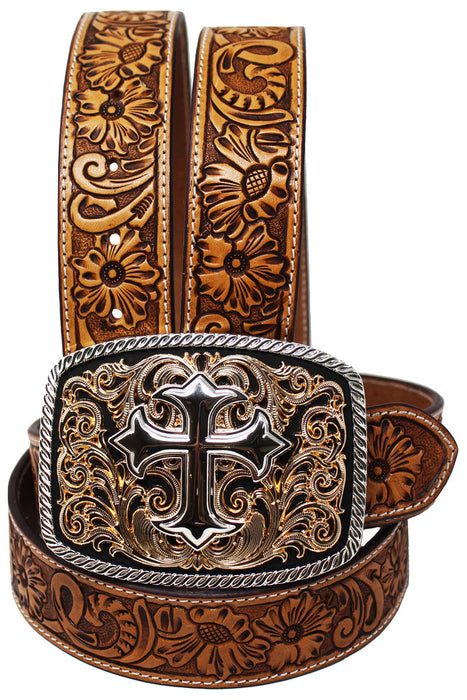 Men's 1-1/2" Wide Tan Leather Floral Tooled Casual Jean Belt 26FK