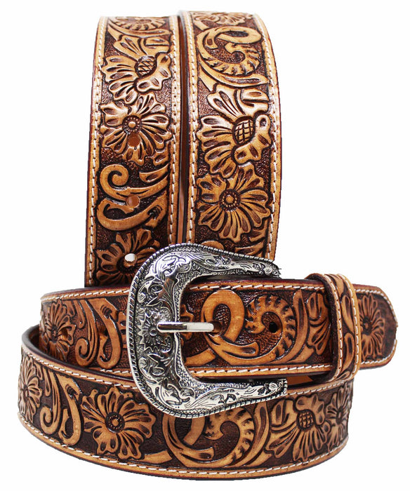 Kids Youth Young 1-1/4" Wide Tan Leather Floral Tooled Casual Jean Belt 26FKTooledC