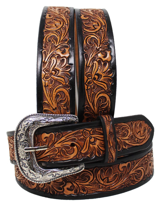 Men's 1-1/2" Wide Tan Leather Floral Tooled Casual Jean Belt 26FK0204
