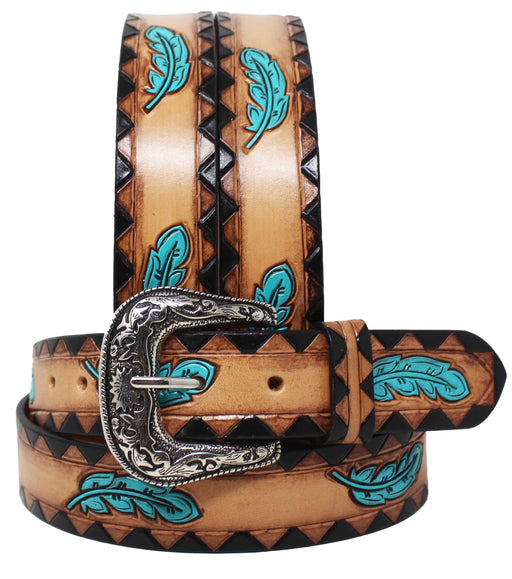 Kids Child Youth 1-1/4" Wide Western Turquoise Feather Tooled Leather Belt 26FK05C