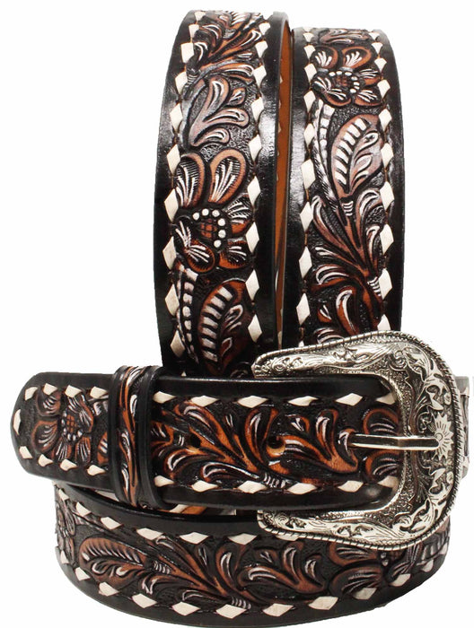Men's 1-1/2" or 1-3/4"  Wide Tan Leather Floral Tooled Buck Stitch Jean Belt 26FK08S