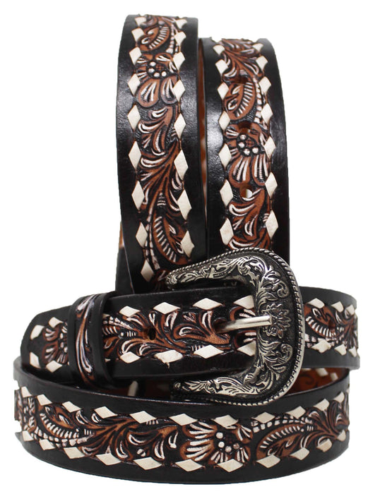 Kids Youth Young 1-1/4" Wide Tan Leather Floral Tooled Casual Jean Belt 26FKTooledC