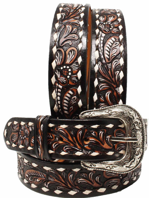 Men Women 1-1/2" Wide Tan Leather Floral Tooled Casual Jean Belt 26FKBrown