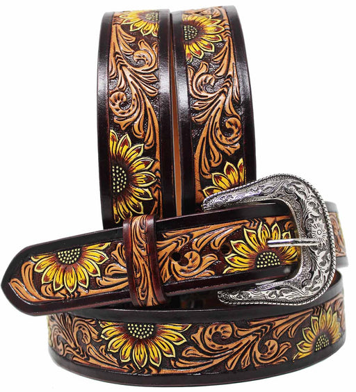 Kids Youth 1-1/4" Western Full-Grain Sunflower Tooled Leather Belt 26FK09C