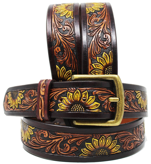Men Women 1-1/2" Wide Tan Leather Floral Tooled Casual Jean Belt 26FKBrown