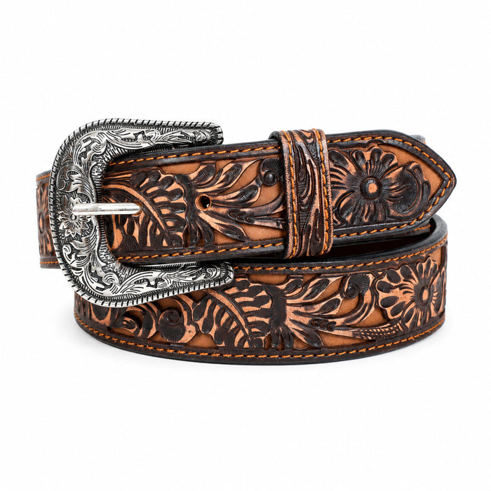 Challenger Western Leather Belt Turquoise Inlay Filigree Tooled Floral Cowboy Belt 1-1/2"
