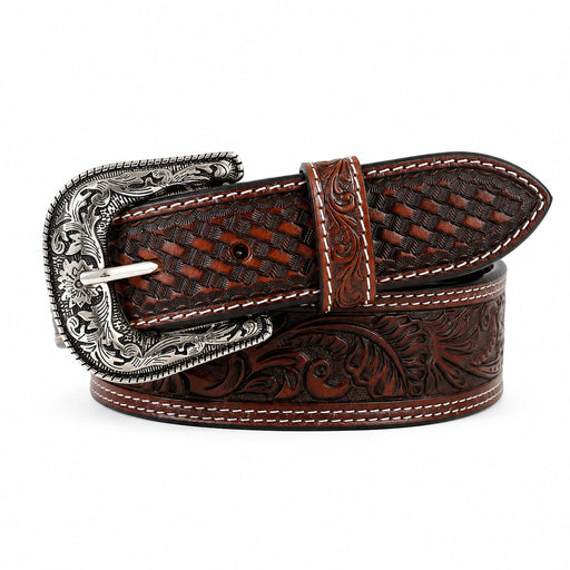Challenger 1-3/4" Tapered Western Leather Belt Tooled Floral & Basket Weave