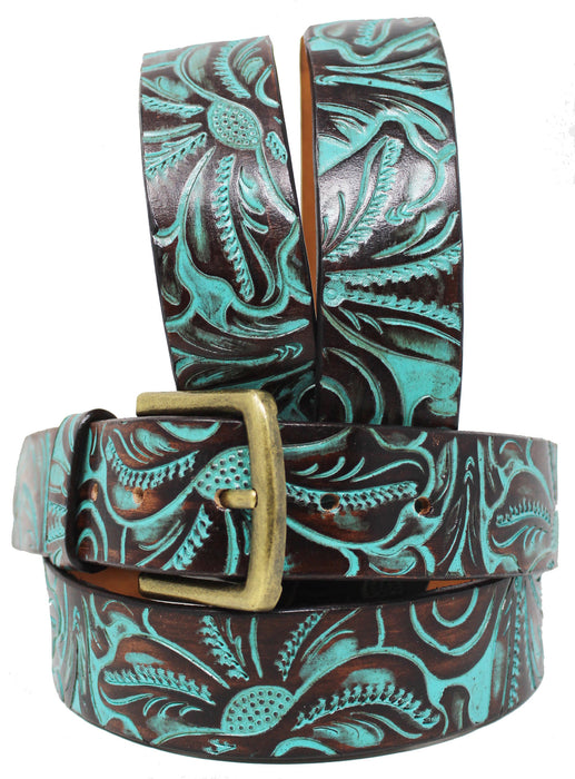 Men Women 1-1/2" Wide Tan Leather Floral Tooled Casual Jean Belt 26FKBrown