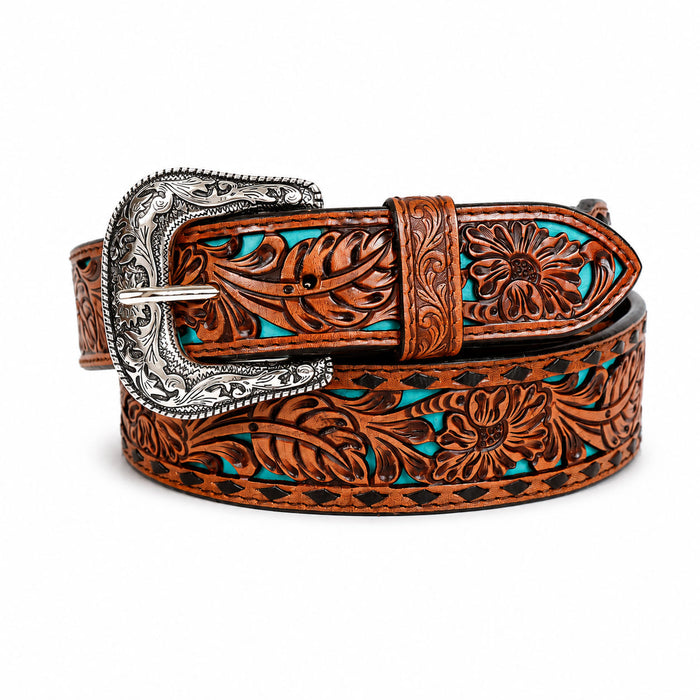 Challenger 1-3/4" Tapered Western Leather Belt Tooled Floral & Basket Weave