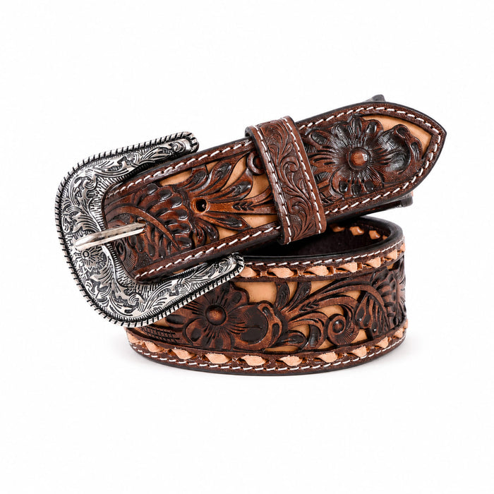 Challenger 1-3/4" Tapered Western Leather Belt Tooled Floral & Basket Weave