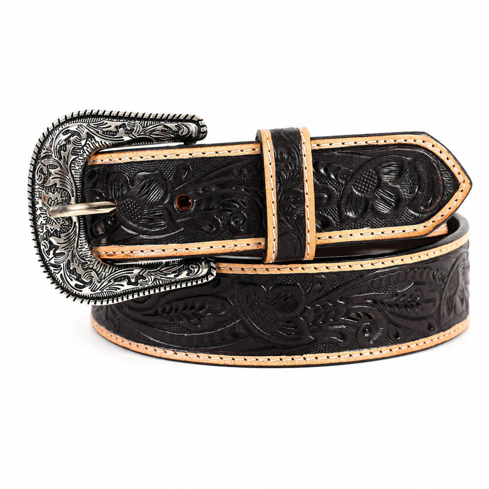 Challenger Western Leather Belt Turquoise Inlay Filigree Tooled Floral Cowboy Belt 1-1/2"
