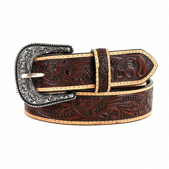 Challenger Western Leather Belt Turquoise Inlay Filigree Tooled Floral Cowboy Belt 1-1/2"