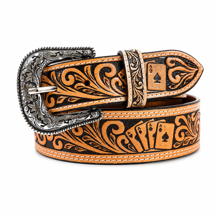 Men’s Western 1-3/4" Embossed Leather Belt with Playing Cards & Dice Design, Vintage Tooled Cowboy Belt with Engraved Metal Buckle, Casual Fashion Waist Belt