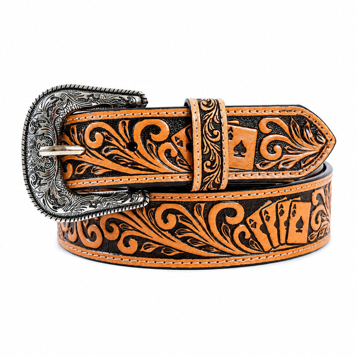 Cowboy Cowgirl Poker Western 1-1/2" Wide Hand Tooled Leather Belt 26FKPoker