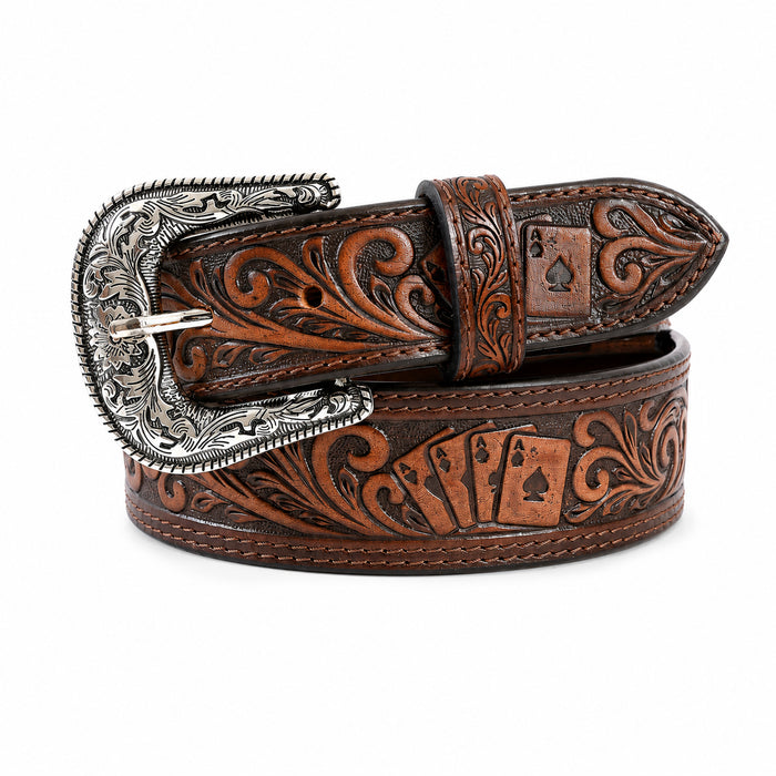 Men’s Western 1-3/4" Embossed Leather Belt with Playing Cards & Dice Design, Vintage Tooled Cowboy Belt with Engraved Metal Buckle, Casual Fashion Waist Belt