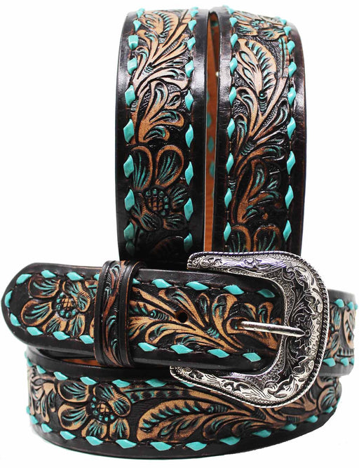 Men's 1-1/2" Wide Tan Leather Floral Tooled Casual Jean Belt 26FK11A
