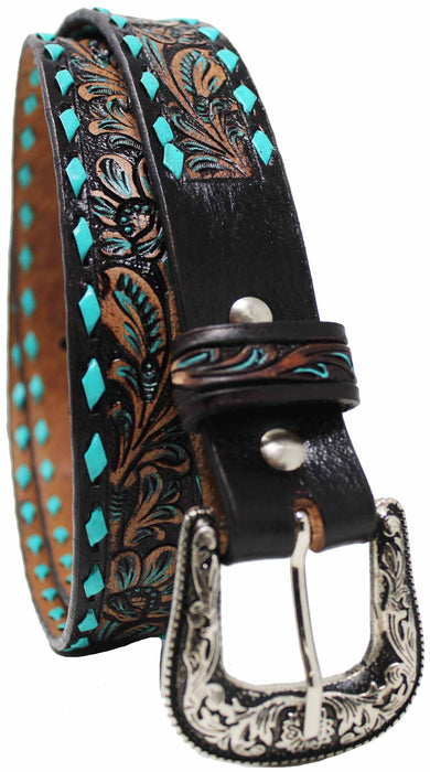 Western 1-1/4" Wide Kids Youth Rodeo Floral Tooled Leather Belt 26FK11c