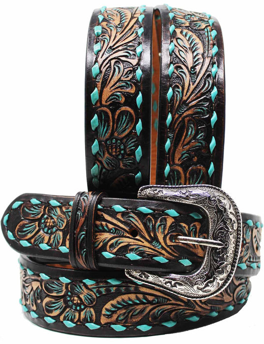 Men Women 1-1/2" Wide Tan Leather Floral Tooled Casual Jean Belt 26FKBrown