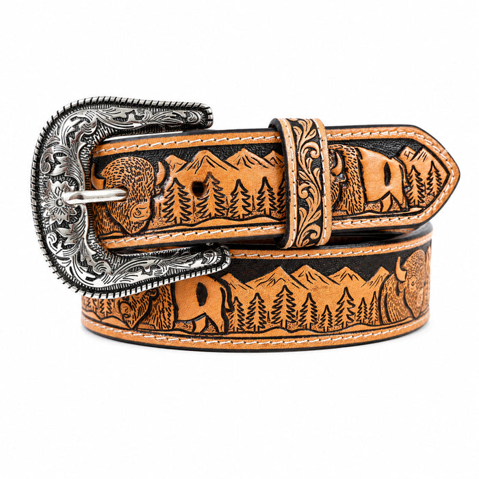 Men’s Western 1-1/2" Embossed Leather Belt with Engraved Buckle – Vintage Cowboy Style Wild Life 26FKWildlife