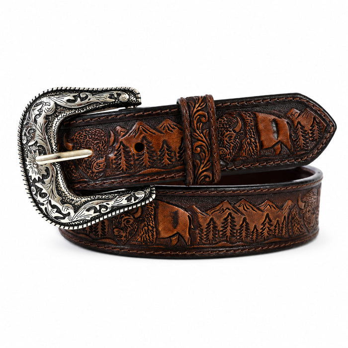 Men’s Western 1-1/2" Embossed Leather Belt with Engraved Buckle – Vintage Cowboy Style Wild Life 26FKWildlife