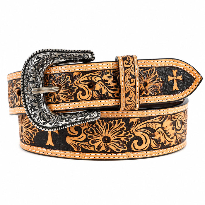 Challenger 1-3/4" Tapered Western Leather Belt Tooled Floral & Basket Weave