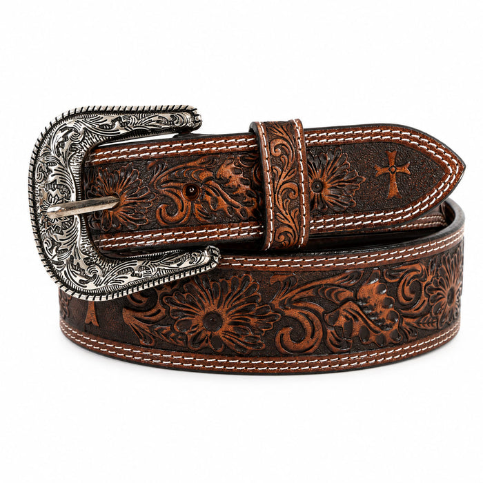 Challenger 1-3/4" Tapered Western Leather Belt Tooled Floral & Basket Weave