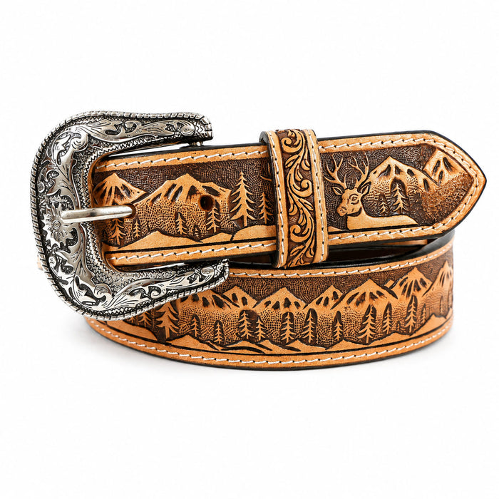 Men’s Western 1-1/2" Embossed Leather Belt with Engraved Buckle – Vintage Cowboy Style Wild Life 26FKWildlife