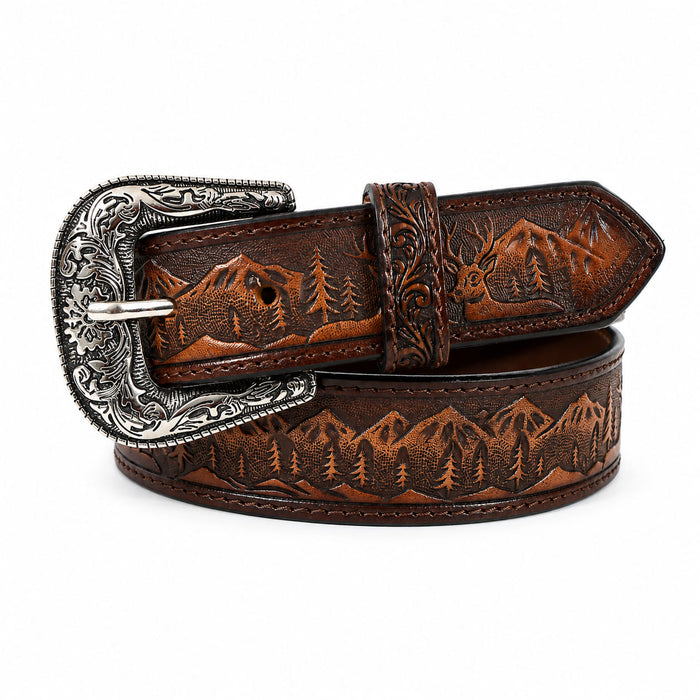 Men’s Western 1-1/2" Embossed Leather Belt with Engraved Buckle – Vintage Cowboy Style Wild Life 26FKWildlife