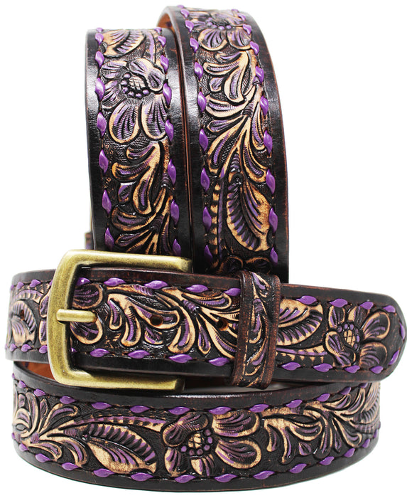 Men Women 1-1/2" Wide Tan Leather Floral Tooled Casual Jean Belt 26FKBrown