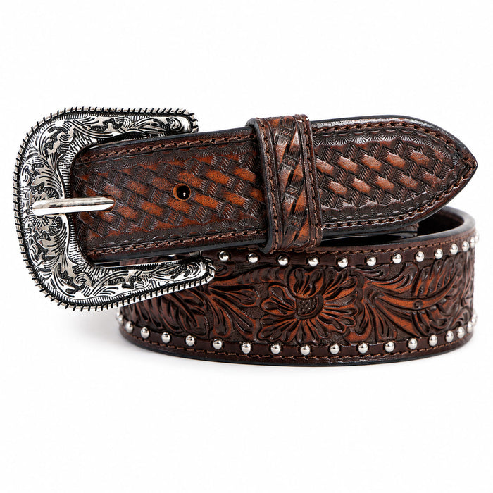 Challenger 1-3/4" Tapered Western Leather Belt Tooled Floral & Basket Weave