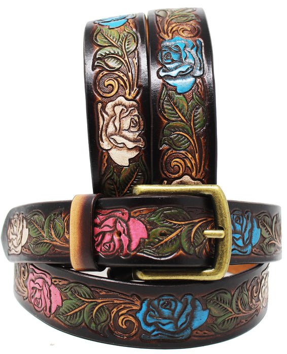 Men Women 1-1/2" Wide Tan Leather Floral Tooled Casual Jean Belt 26FKBrown