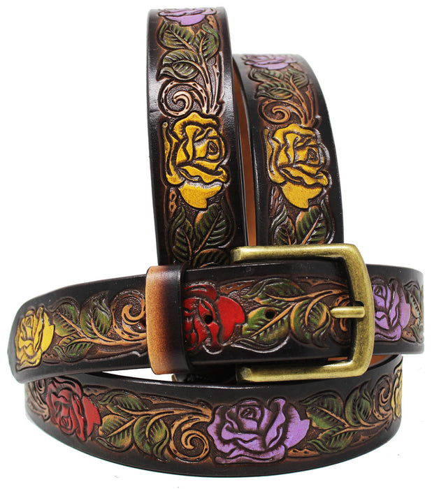 Men Women 1-1/2" Wide Tan Leather Floral Tooled Casual Jean Belt 26FKBrown