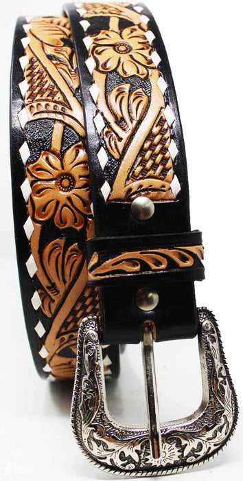 Kids Youth Child Western Floral Tooled Buckstitch Leather Belt 