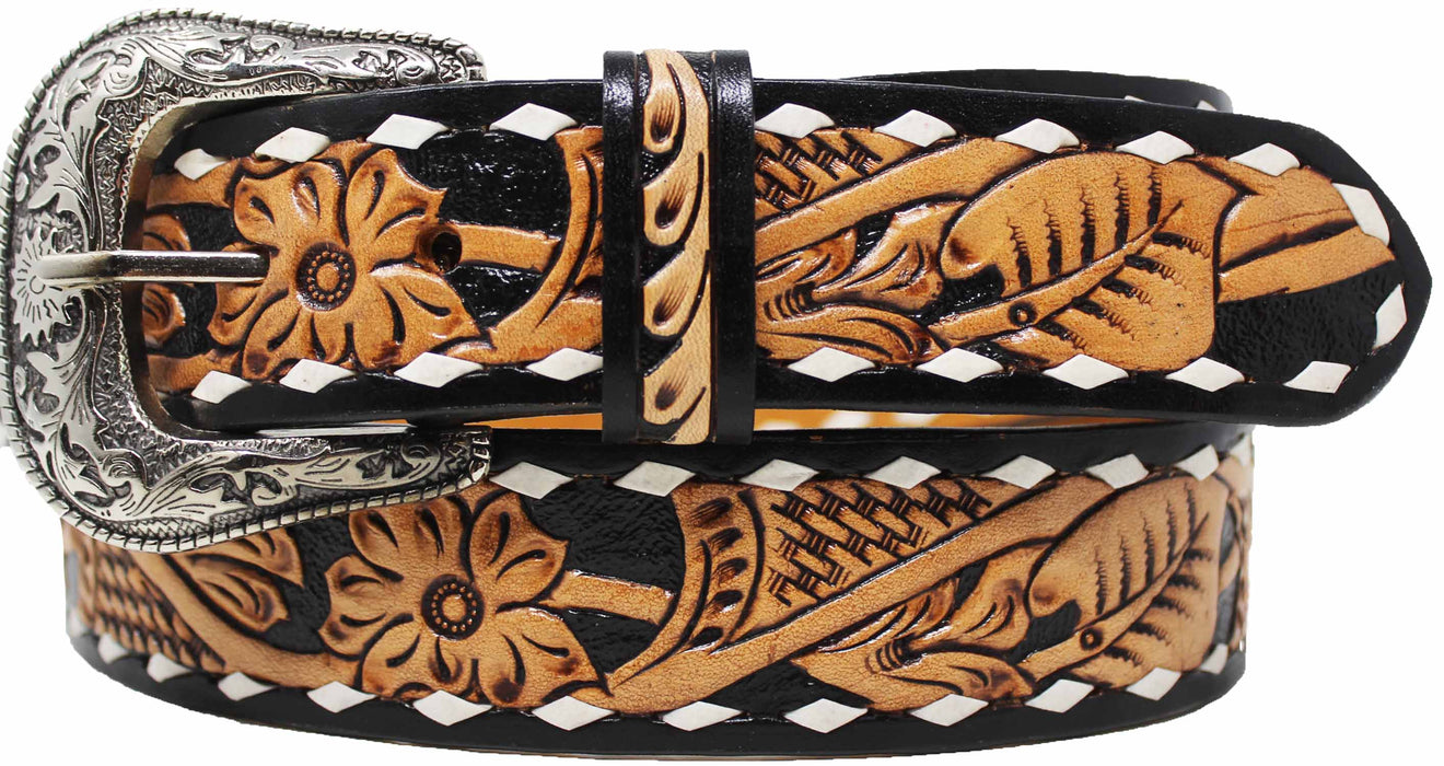 Western Floral Tooled Buckstitch Leather Belt 26FK16N