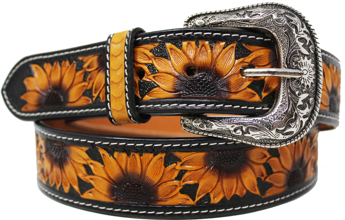 Men's 1 1/2" Wide Tan Leather Floral Tooled Casual Jean Belt 26FK18