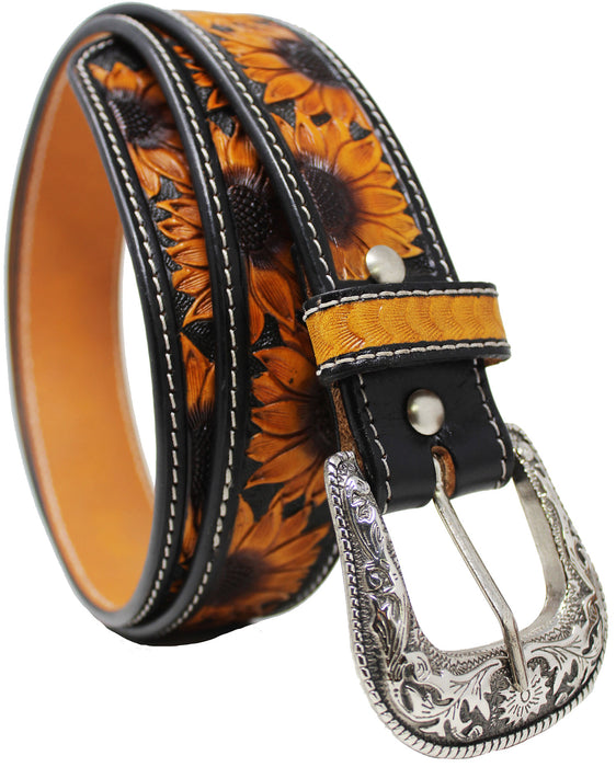 Men's 1 1/2" Wide Tan Leather Floral Tooled Casual Jean Belt 26FK18