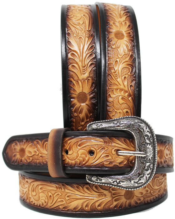 Men's 1 1/2" Wide Tan Leather Floral Tooled Casual Jean Belt 26FK21