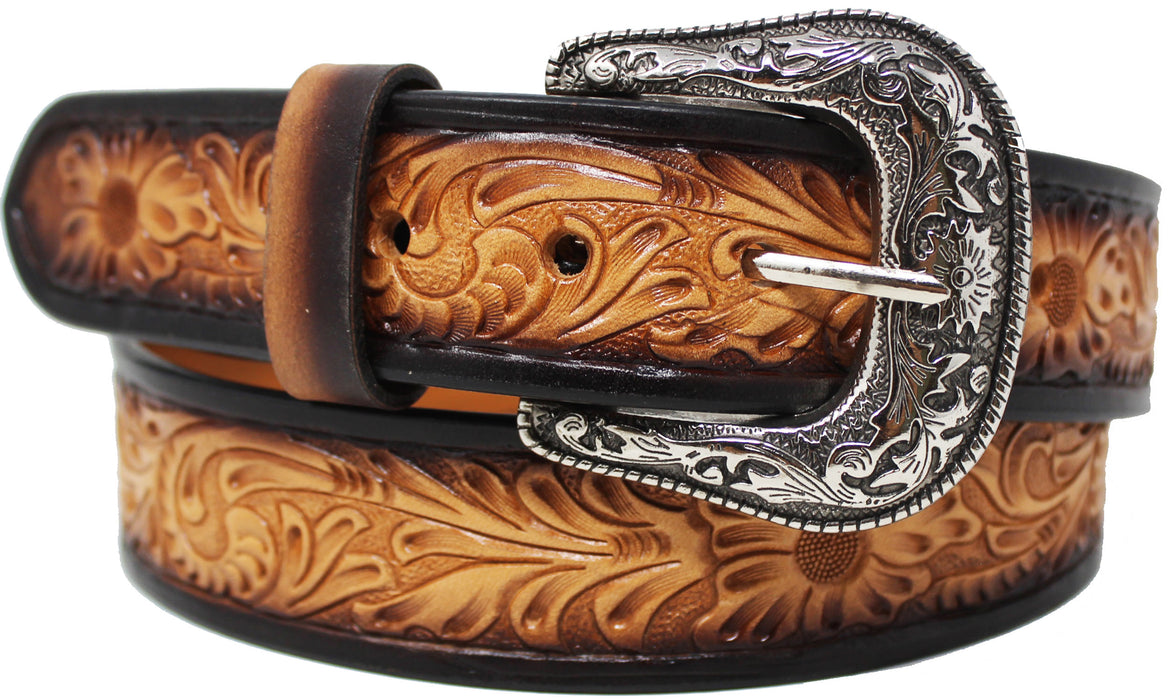 Men's 1 1/2" Wide Tan Leather Floral Tooled Casual Jean Belt 26FK21
