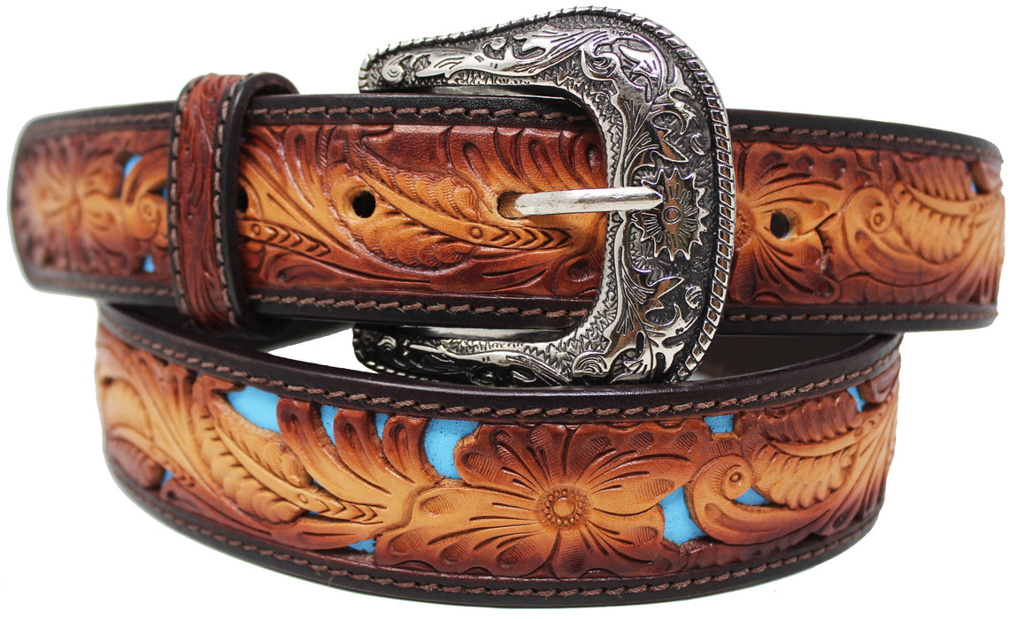 Men's 1 1/2" Wide Tan Leather Floral Tooled Casual Jean Belt 26FK22