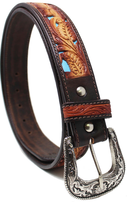 Men's 1 1/2" Wide Tan Leather Floral Tooled Casual Jean Belt 26FK22