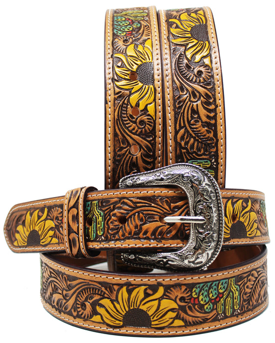 1 1/2" Wide Tan Tooled Painted Leather Sunflower Cactus Belt 26FK23