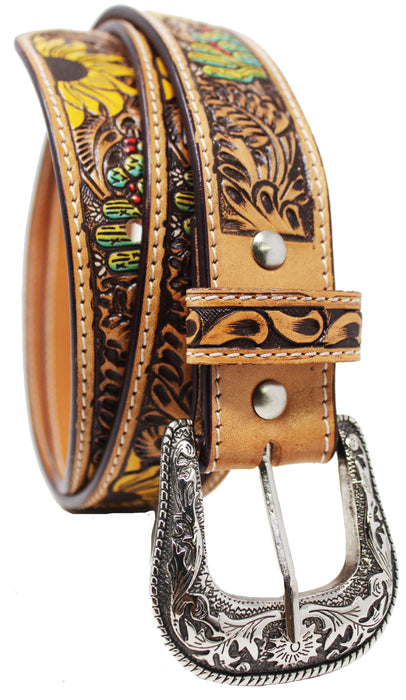 Western 1-1/2" Wide Tan Tooled Painted Leather Sunflower Cactus Belt 26FK23
