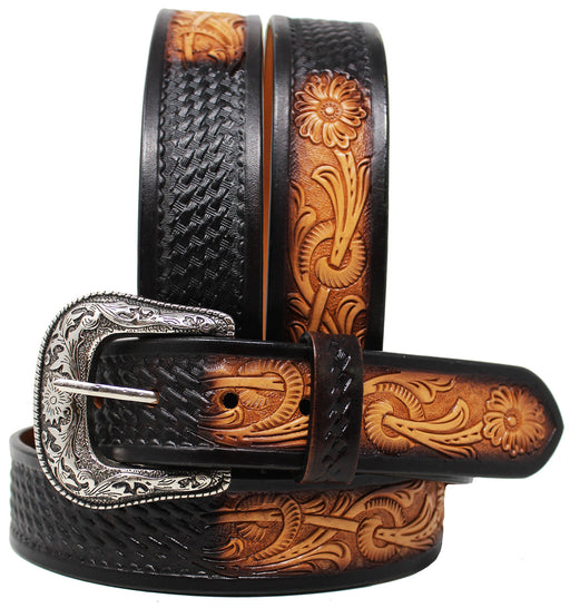 Men's 1-1/2" Wide Tan Leather Floral Tooled Casual Jean Belt 26FK25