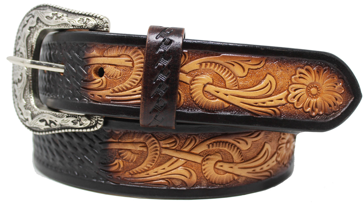 Men's 1-1/2" Wide Tan Leather Floral Tooled Casual Jean Belt 26FK25