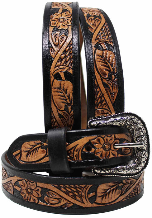 Western 1-1/4" Wide Kids Youth Rodeo Floral Tooled Leather Belt 26FK28C