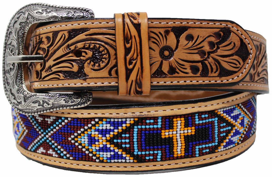 Western Floral Tooled Leather Beaded Belt 26FK29C