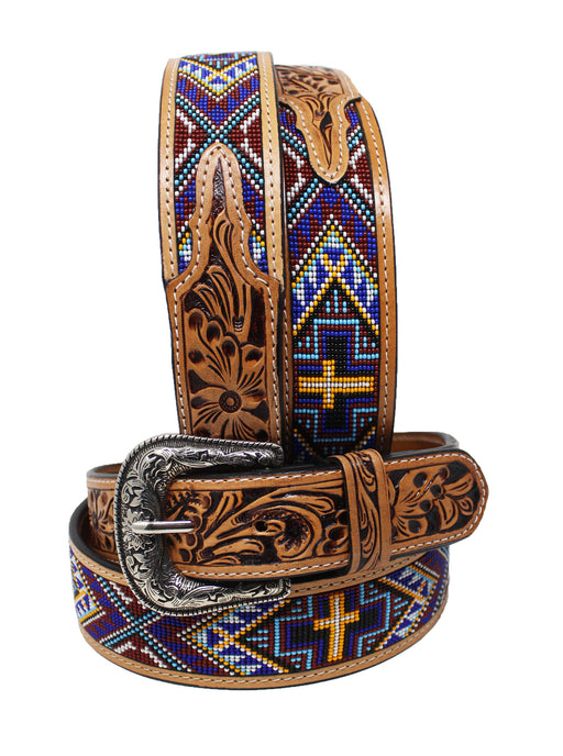 Western 1-3/4" Tapered Cross Beaded Floral Tooled Leather Belt 26FK29T